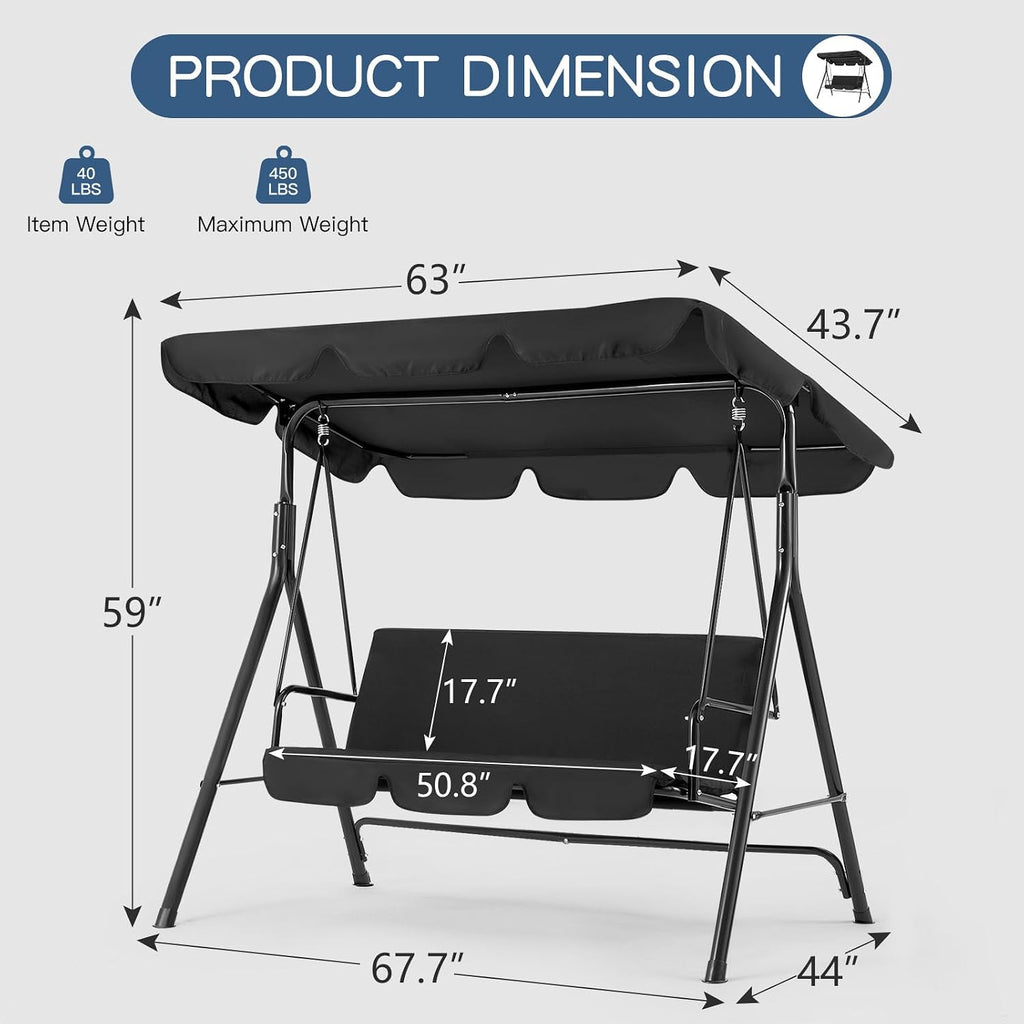 Black 3‑Seat Outdoor Porch Swing Chair