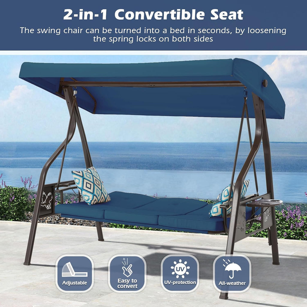 Blue 3‑Seat Outdoor Porch Swing Chair