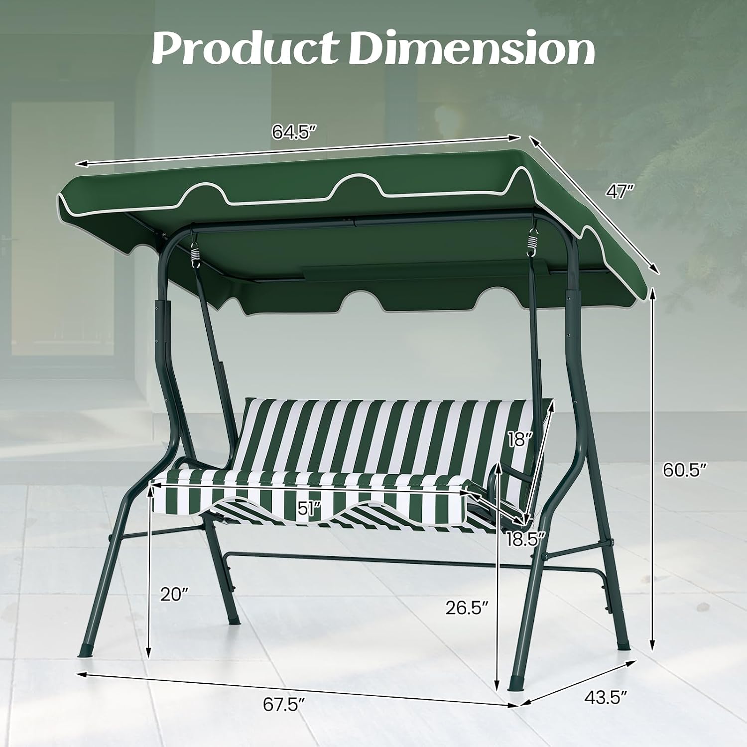 Green 3‑Seat Outdoor Porch Swing