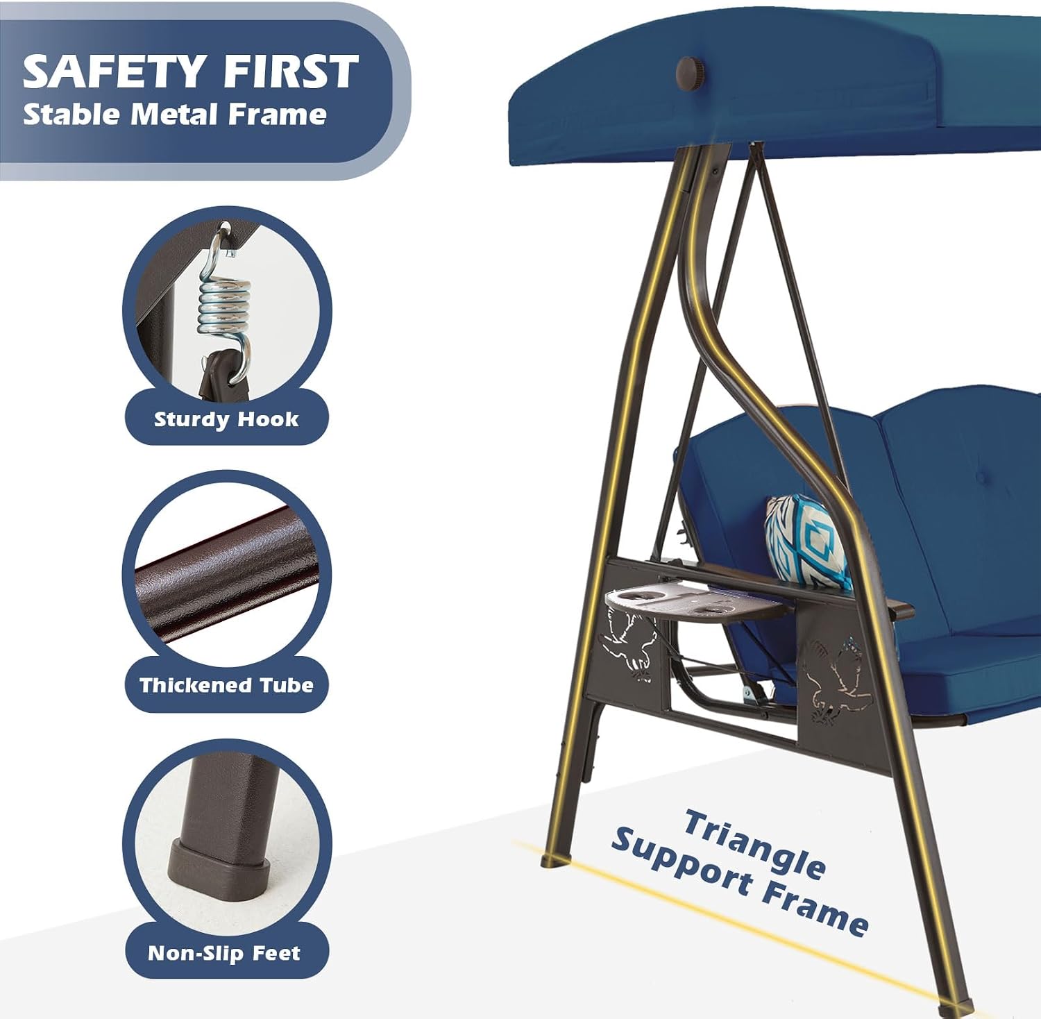 Blue 3‑Seat Outdoor Porch Swing Chair