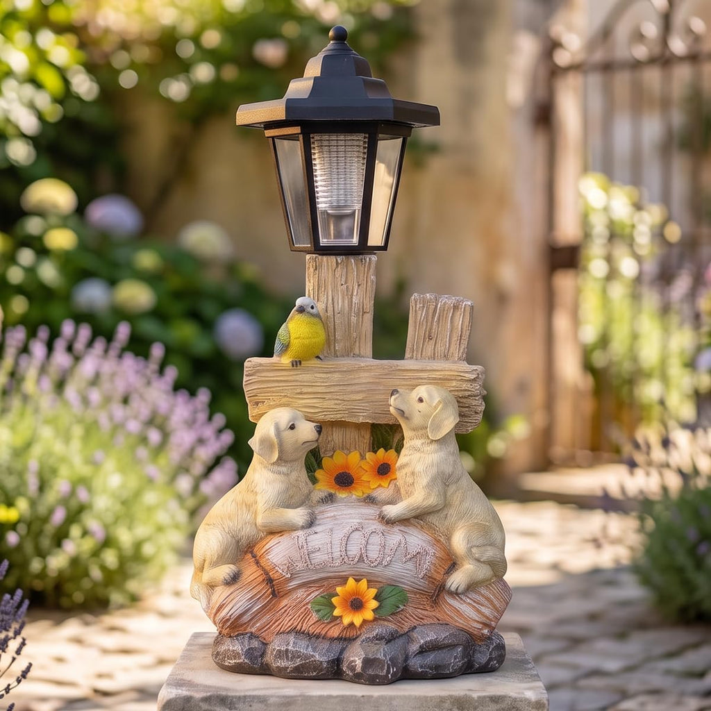 Solar Resin Dog Garden Welcome Statue