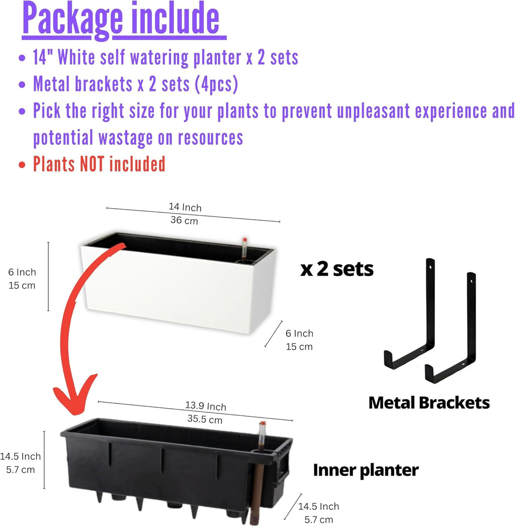 White Self‑Watering Wall Flower Planter Boxes