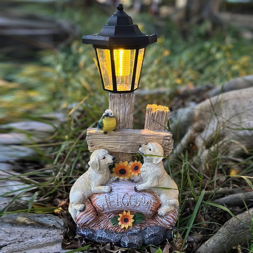 Solar Resin Dog Garden Welcome Statue