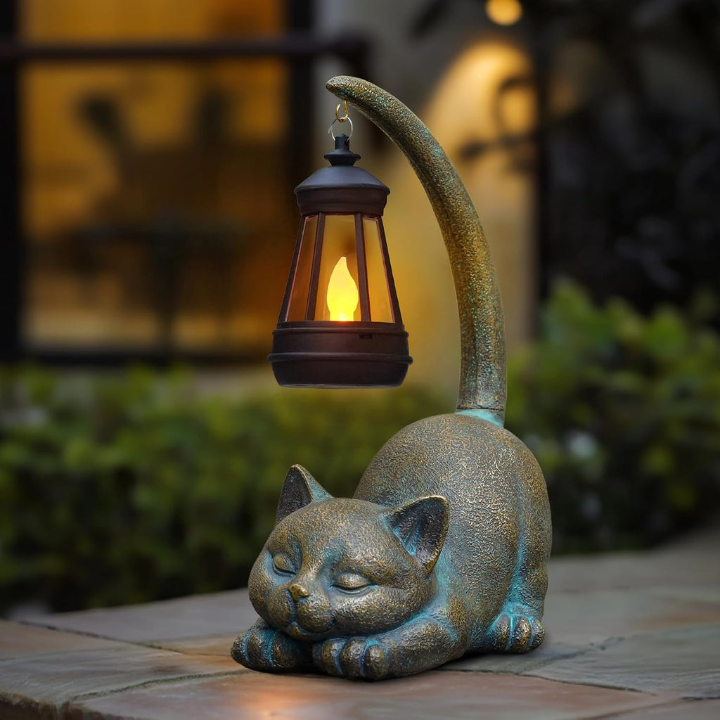 Solar Cat Garden Statue With Lantern