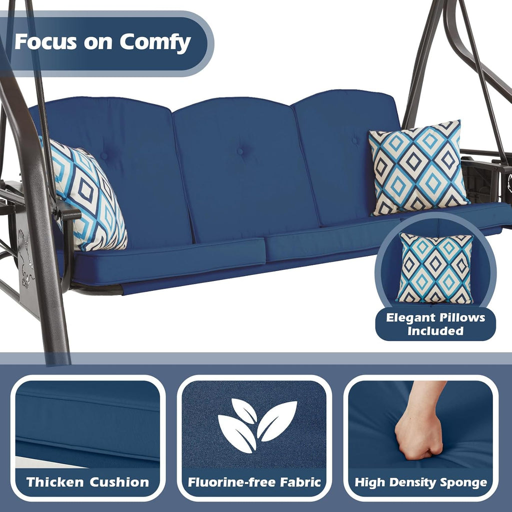 Blue 3‑Seat Outdoor Porch Swing Chair