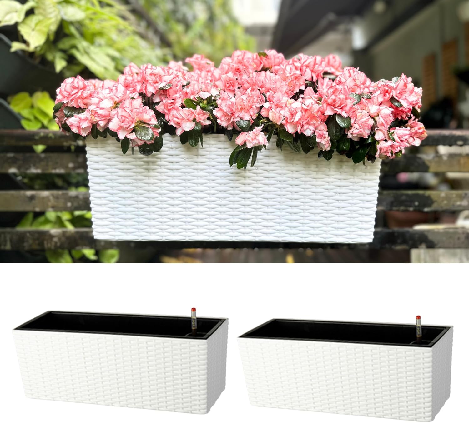 White Railing Self‑Watering Planter Boxes