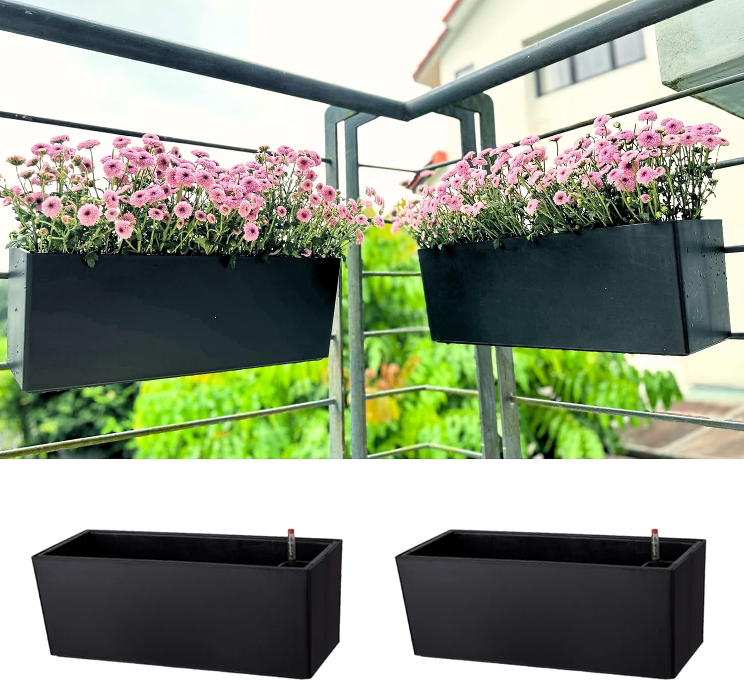 Black Self‑Watering Railing Planter Boxes