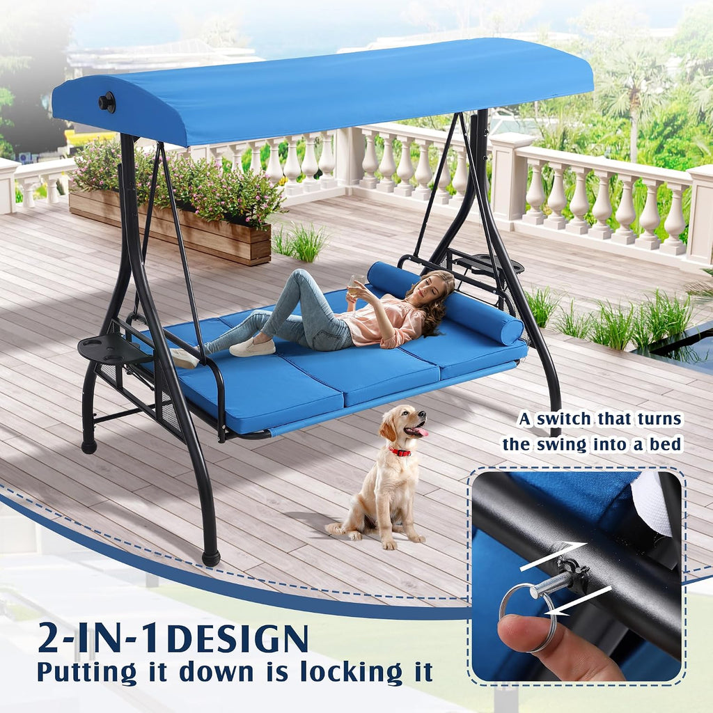 Blue 3‑Seat Convertible Porch Swing Bed