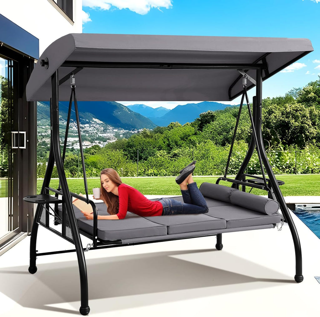 Grey 3‑Seat Outdoor Porch Swing Bed