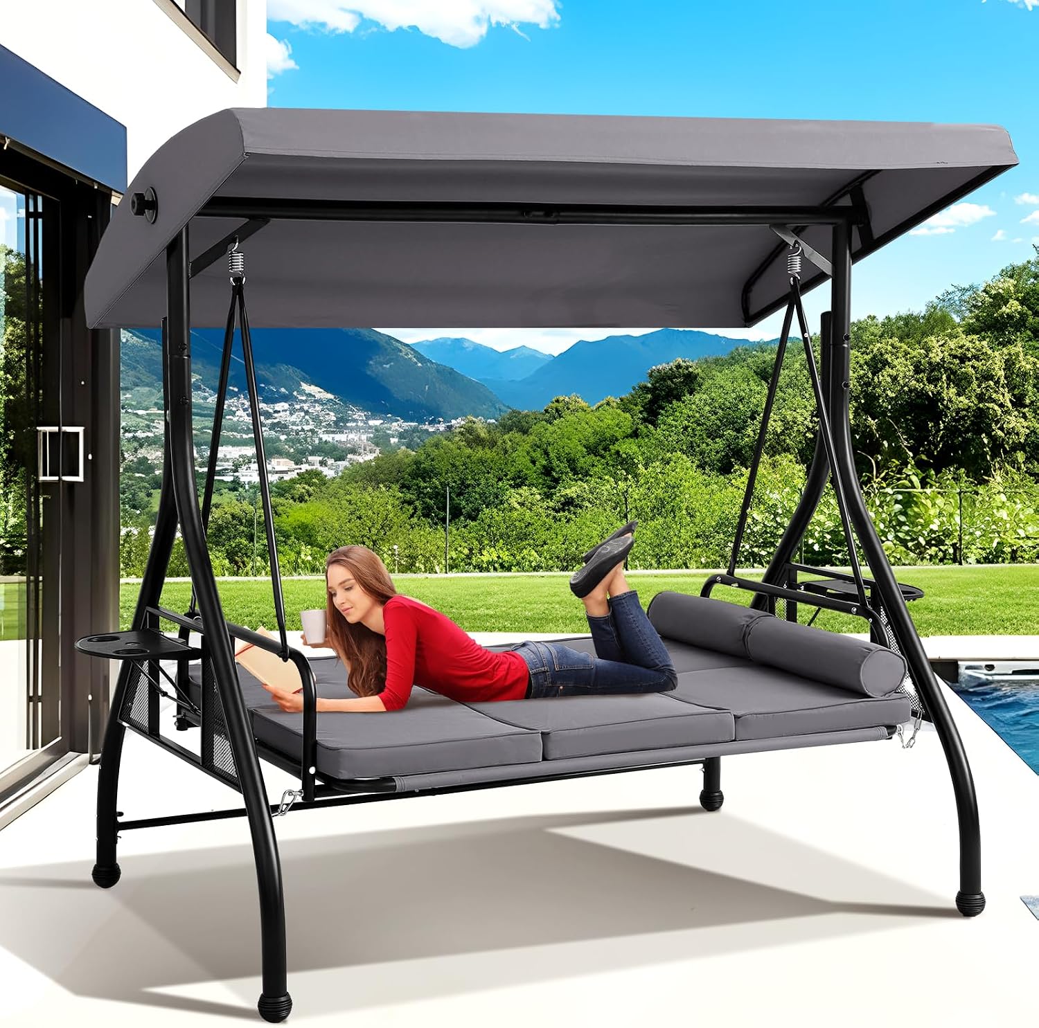 Grey 3‑Seat Outdoor Porch Swing Bed