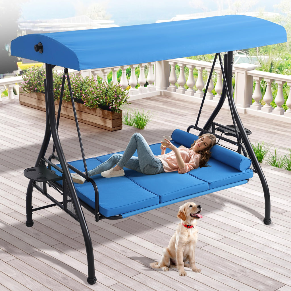 Blue 3‑Seat Convertible Porch Swing Bed