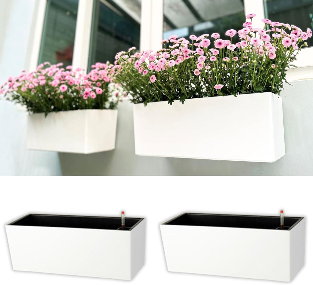 White Self‑Watering Wall Flower Planter Boxes