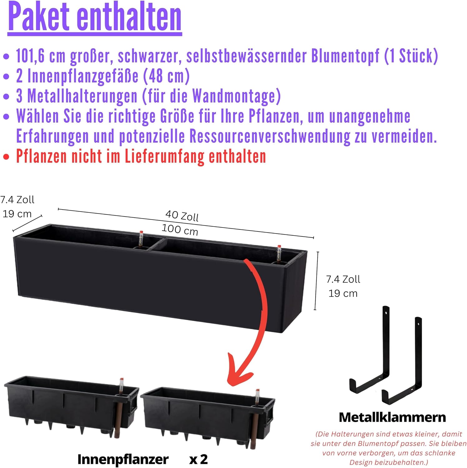 Black Self‑Watering Wall Flower Planter Boxes
