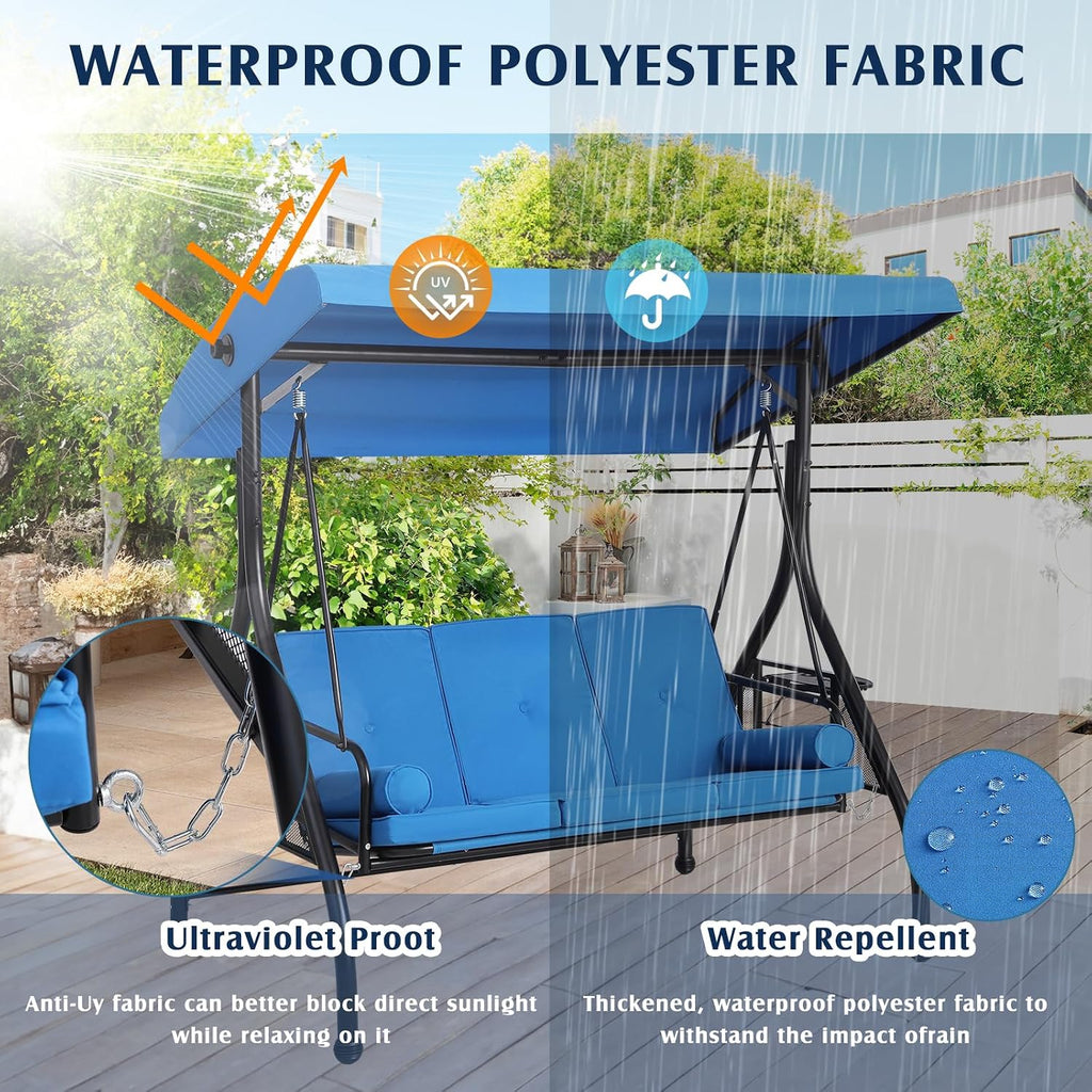 Blue 3‑Seat Convertible Porch Swing Bed