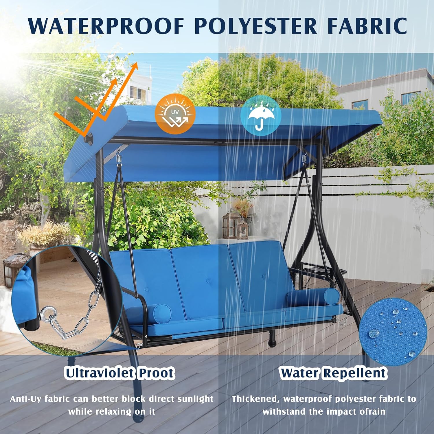 Blue 3‑Seat Convertible Porch Swing Bed