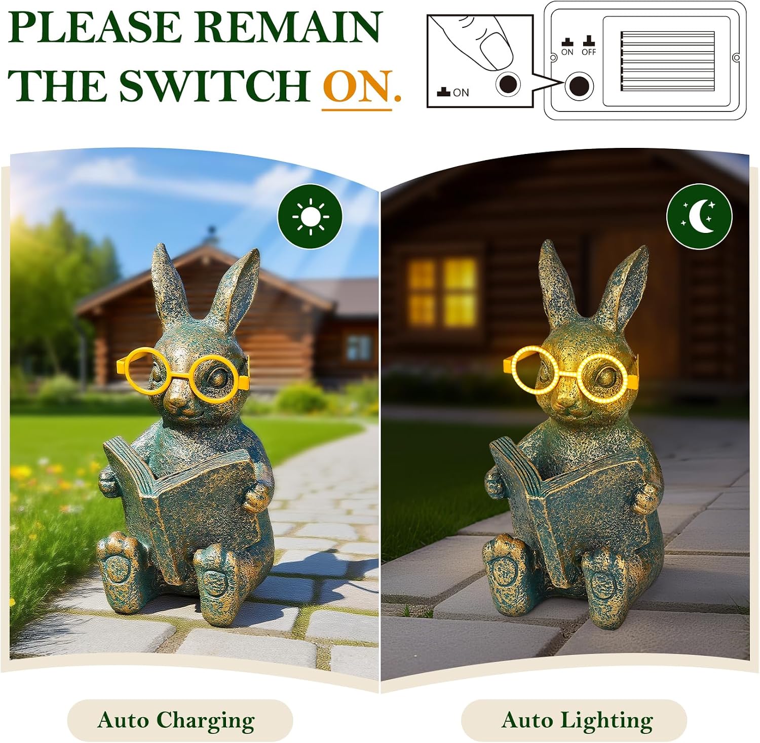 Solar Reading Rabbit Garden Decor Statue