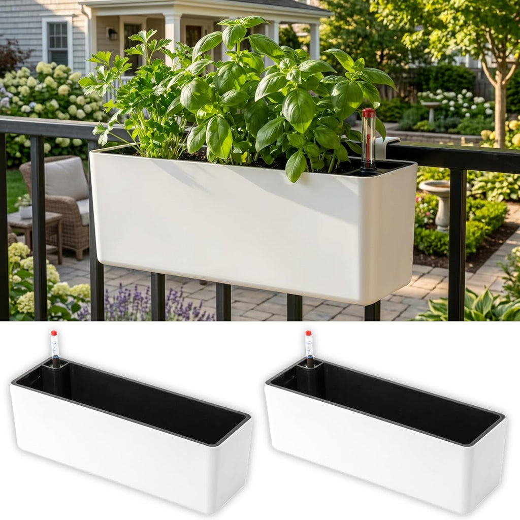 White Self‑Watering Railing Flower Planter Boxes