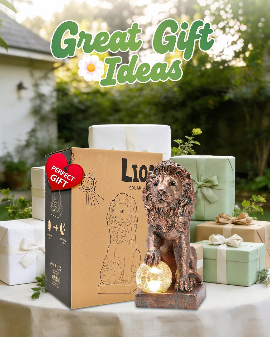 Copper Solar Lion Garden Decor Statue