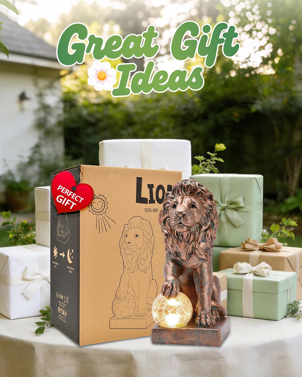 Copper Solar Lion Garden Decor Statue