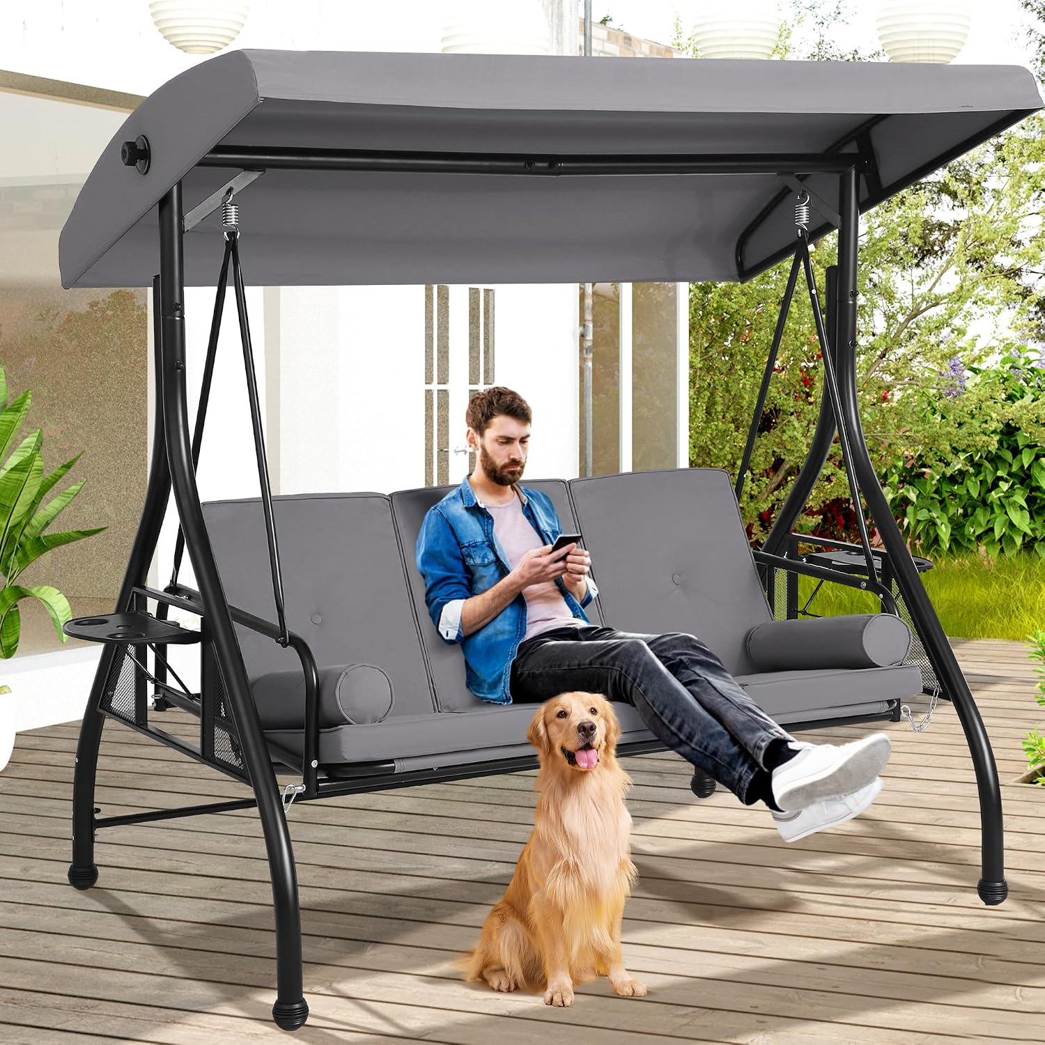 Grey 3‑Seat Outdoor Porch Swing Bed